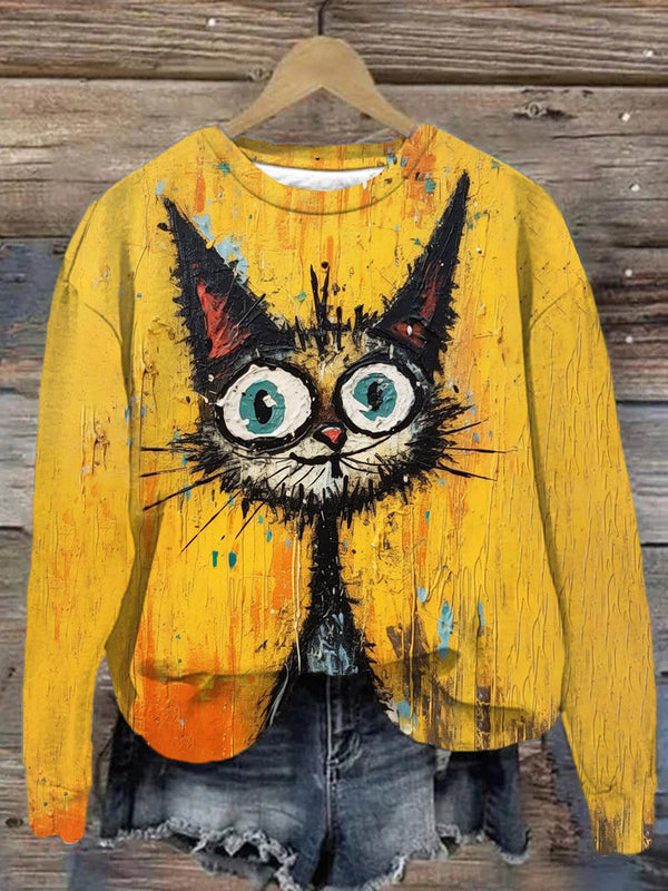 Unisex Cute Cat Illustration Abstract Print Sweatshirt