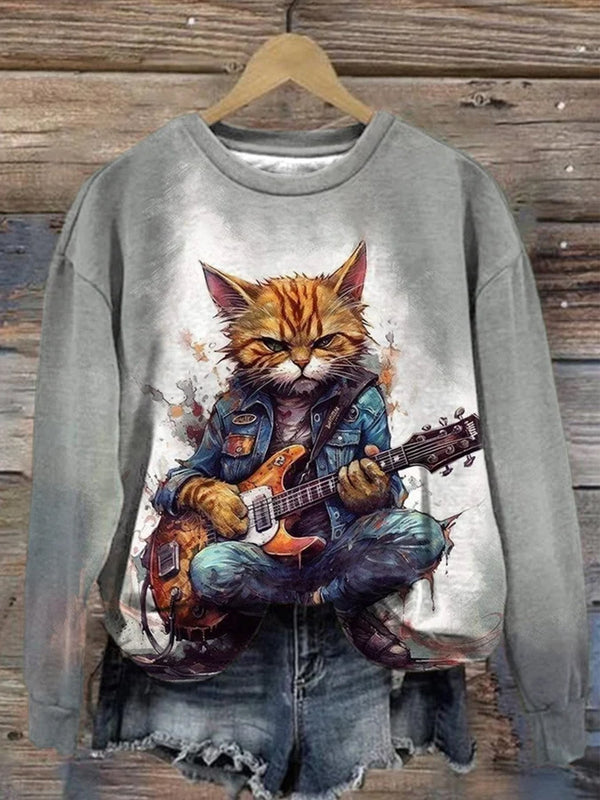 PeachBruh Animal Music Cat Casual Print Sweatshirt