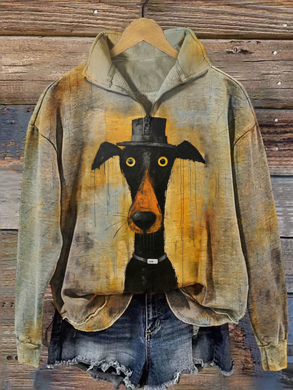 Funny Retro Dog Print Casual Zipper Sweatshirt