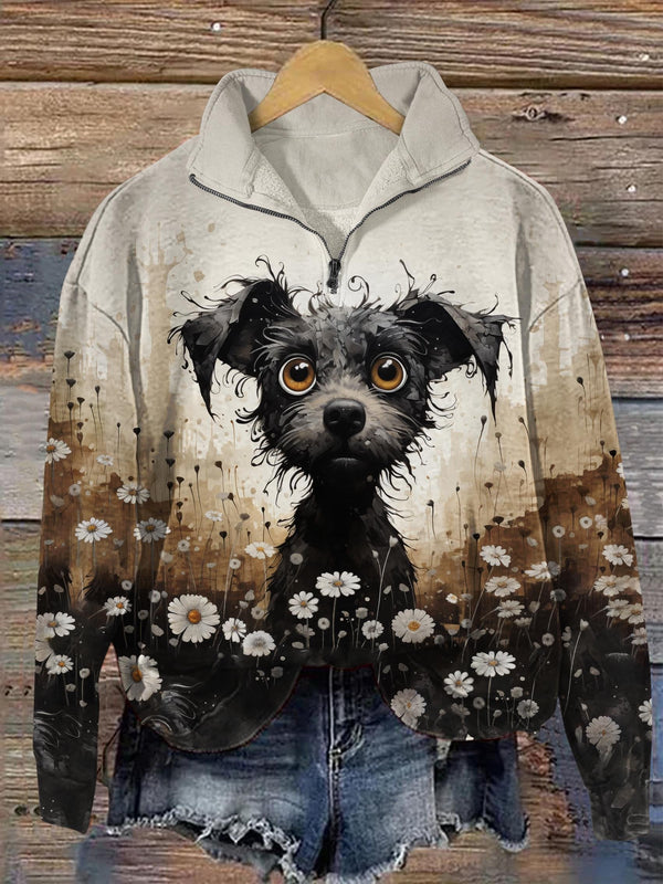 Retro Ink Color Dog Print Casual Zipper Sweatshirt