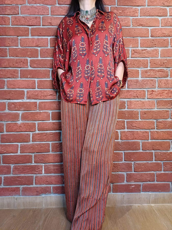 Women's Fashion Loose Casual Printed Shirt and Striped Wide Leg Pants Set