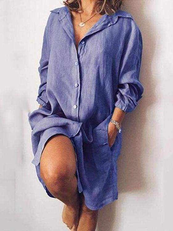 Women casual pocket long sleeve long shirts dress