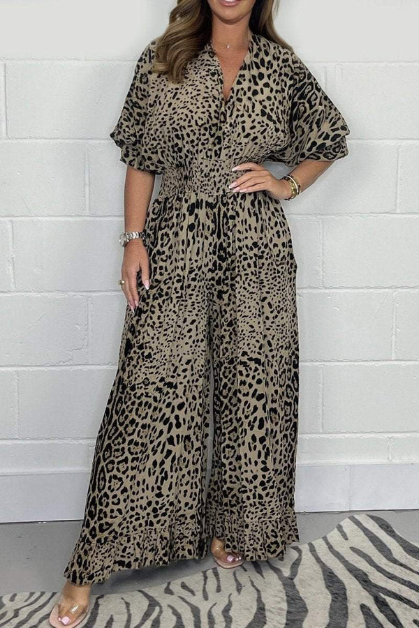 Leopard print casual loose jumpsuit