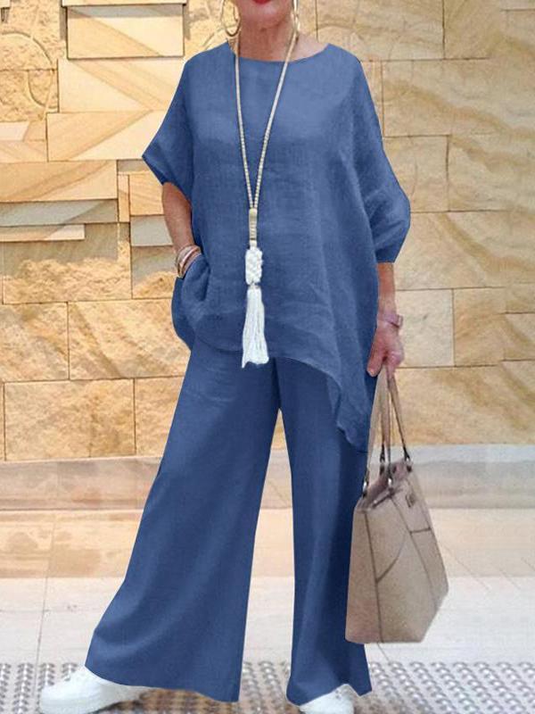 Women's Large Size Asymmetrical Long Sleeve Wide Leg Pants Cotton Linen Two-piece Set