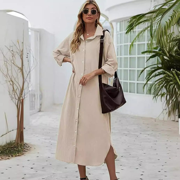 New Loose Long Sleeve Long Button Shirt Dress