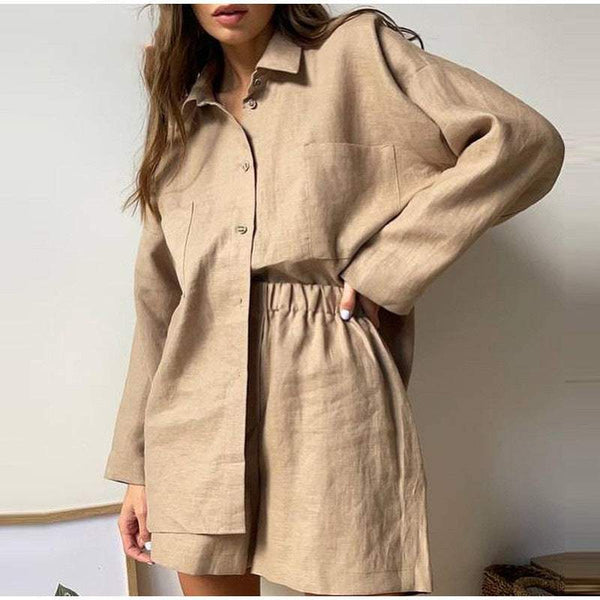 Solid color cotton and linen splicing loose shirt jacket and elastic shorts set