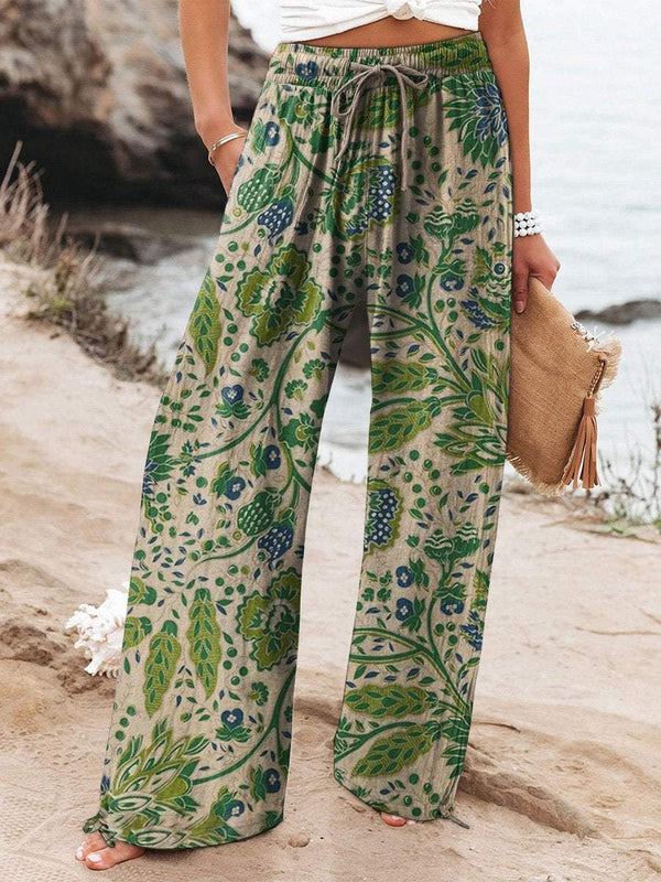 Women's  Floral  Art Printed Cotton And Linen Casual Pants