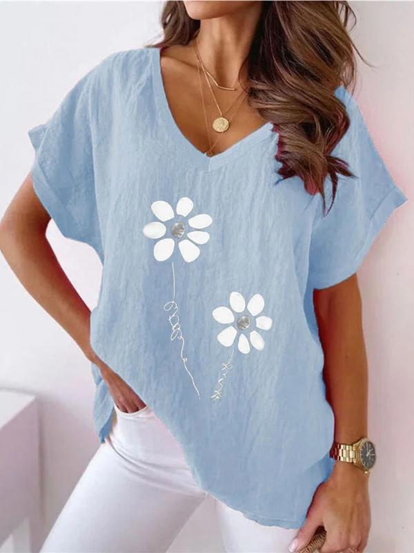 Summer Printed V-neck Casual Batwing Short Sleeve T-shirt