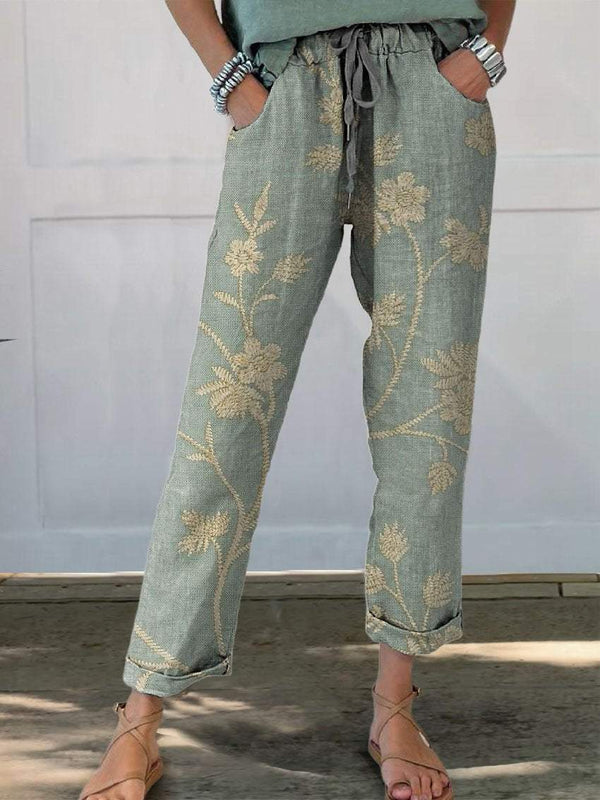 Women's Retro Floral Elegant Art Printed Cotton And Linen Casual Pants