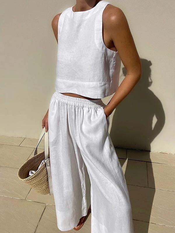 Plus-size Suit Loose Solid Color Sleeveless Shirt and Trousers Two-piece Set