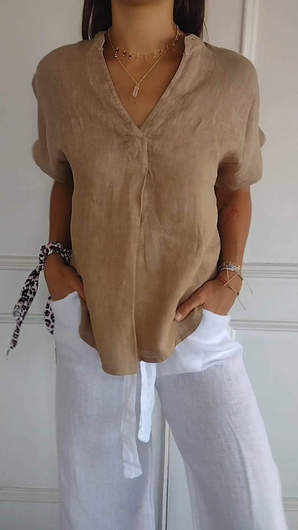 V-neck Cotton and Linen Short-sleeved Tops