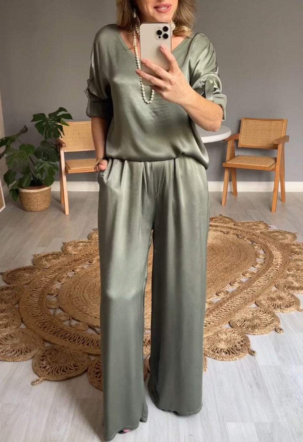 V Neck Satin Mid-sleeve Two-piece Suit