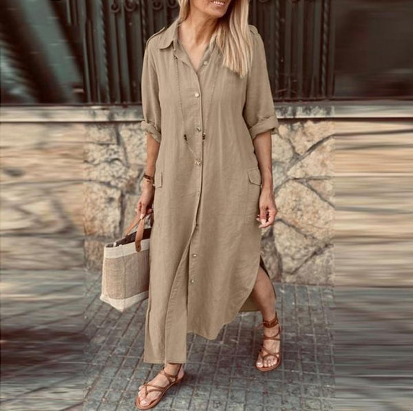 New Style Shirt Collar Cotton and Linen Button Long Dress